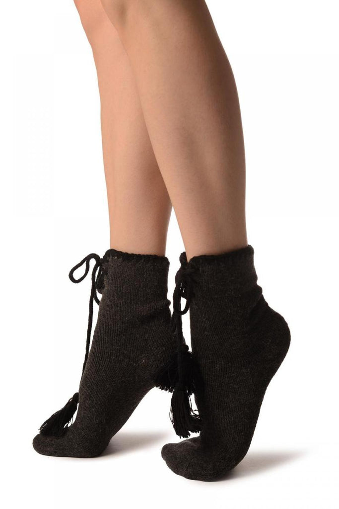 Liss Kiss Dark Grey Lace Up With Silicon Grip Angora Ankle High Socks - Socks