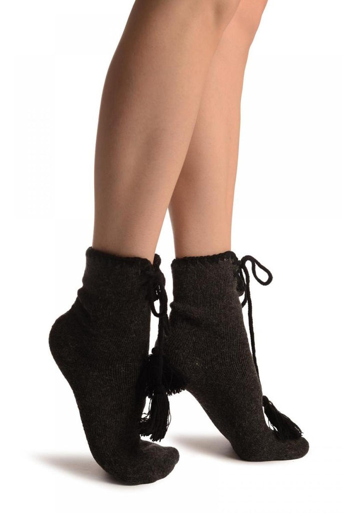 liss kiss Dark Grey Lace Up With Silicon Grip Angora Ankle High Socks - Socks