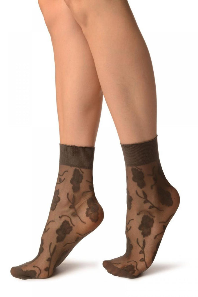 Liss Kiss Dark Grey Mesh With Large Flowers Ankle High Socks - Socks
