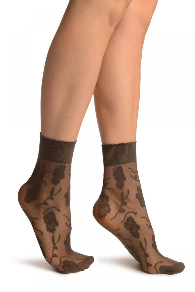 liss kiss Dark Grey Mesh With Large Flowers Ankle High Socks - Socks
