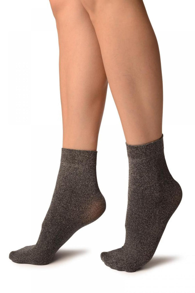 Liss Kiss Dark Grey Silver Lurex Ankle High Socks - Socks