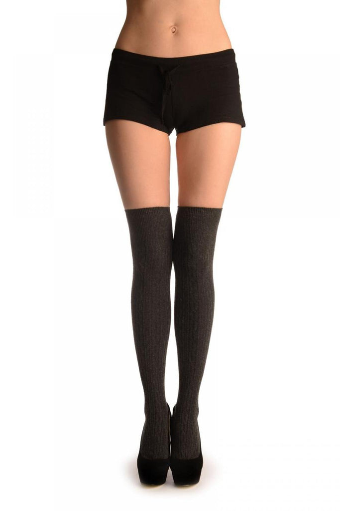 Liss Kiss Dark Grey Twist Cable Knit Merino Wool Blend - Over The Knee Socks