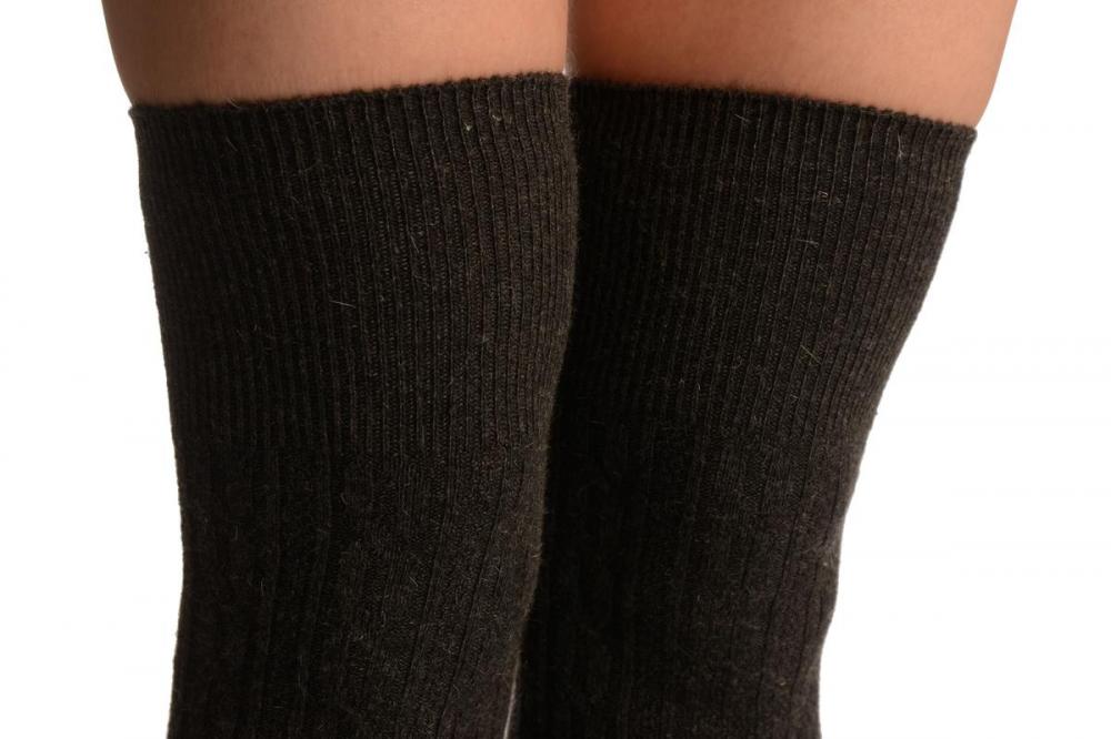 Liss Kiss Dark Grey Twist Cable Knit Merino Wool Blend - Over The Knee Socks