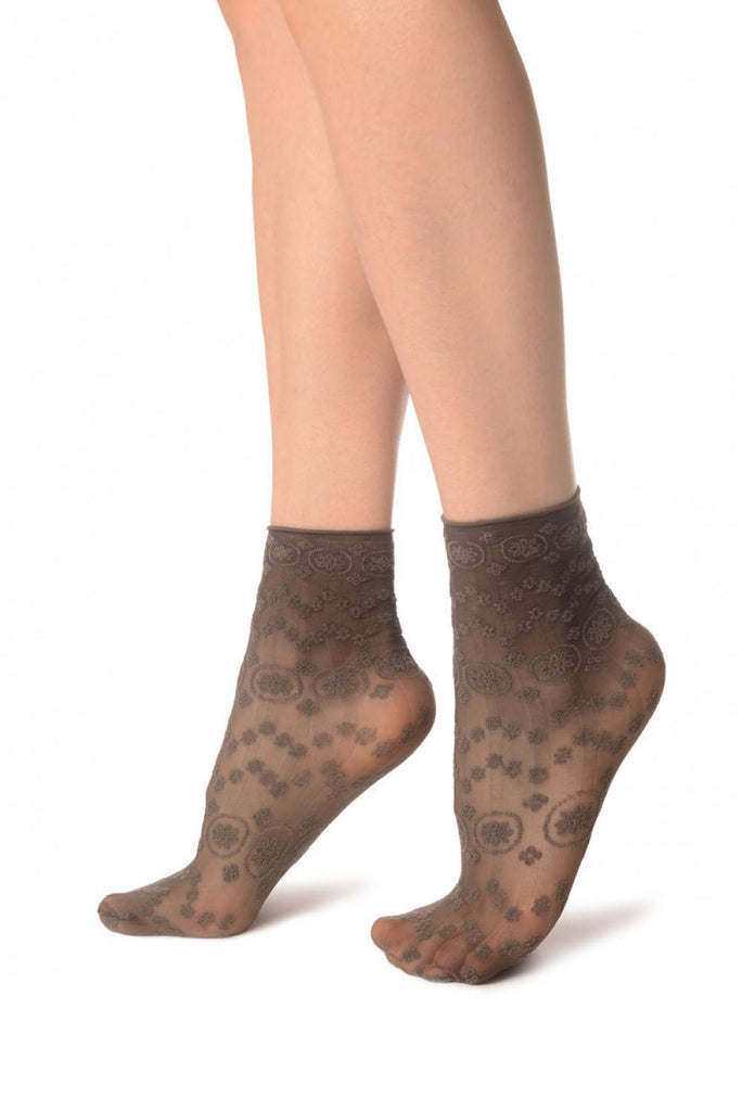 Liss Kiss Dark Grey Water Lilly With Comfortable Top Ankle High Socks - Socks