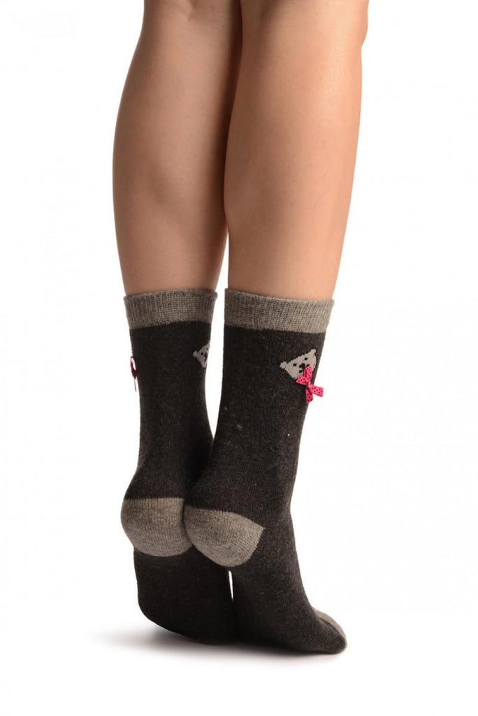 Liss Kiss Dark Grey With Cute Bear & Satin Bow Angora Ankle High Socks - Socks