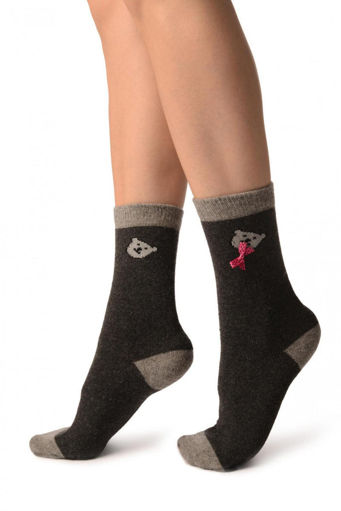 Liss Kiss Dark Grey With Cute Bear & Satin Bow Angora Ankle High Socks - Socks