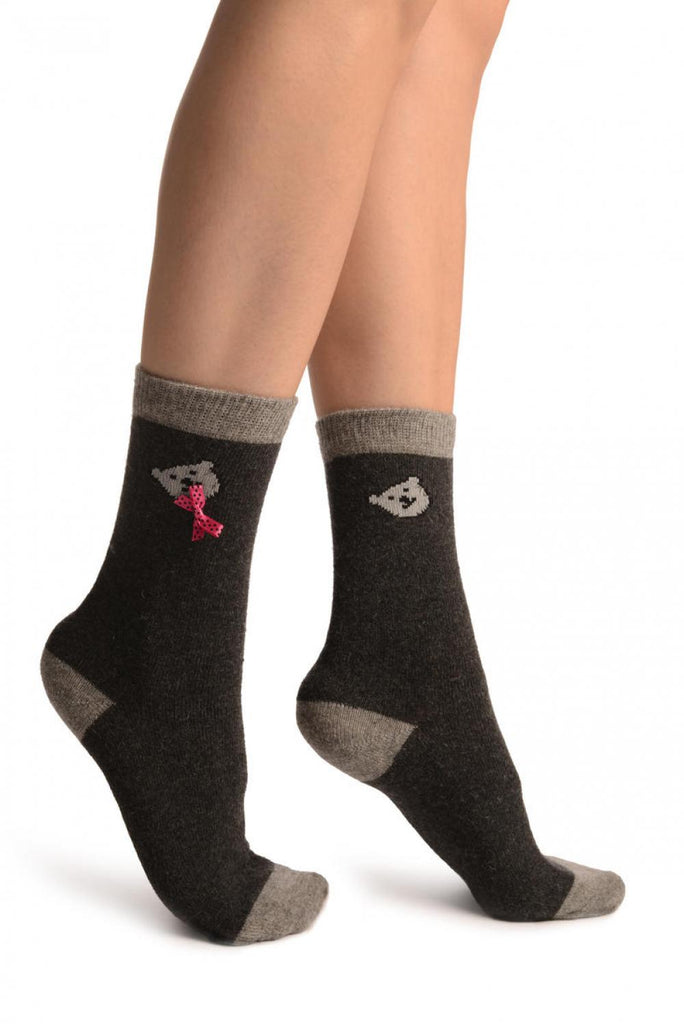 Liss Kiss Dark Grey With Cute Bear & Satin Bow Angora Ankle High Socks - Socks