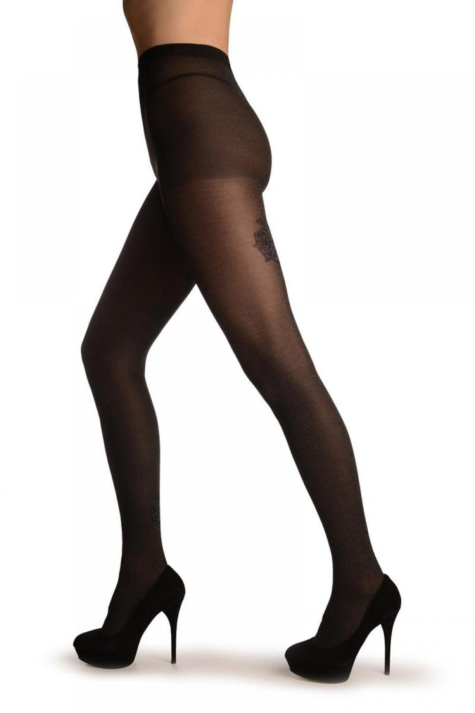 Liss Kiss Dark Grey With Geometrical Black Seam & Grey Blue Roses - Tights