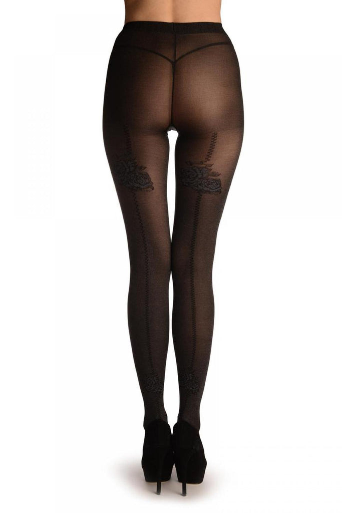 liss kiss Dark Grey With Geometrical Black Seam & Grey Blue Roses - Tights