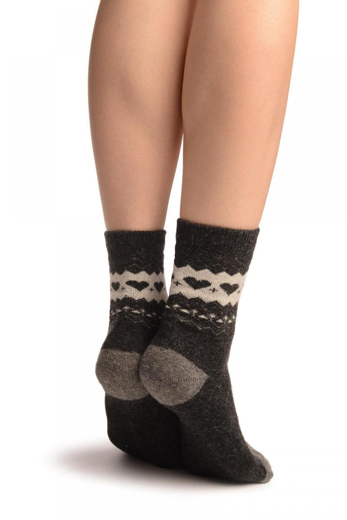 Liss Kiss Dark Grey With Hearts & Dark Grey Angora Ankle High Socks - Socks