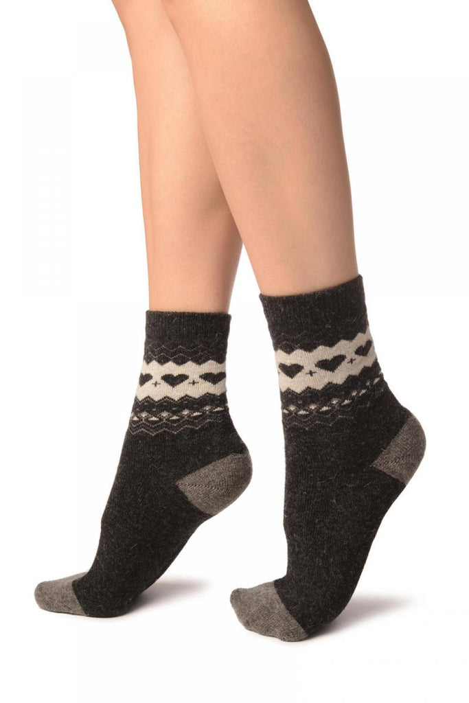 Liss Kiss Dark Grey With Hearts & Dark Grey Angora Ankle High Socks - Socks