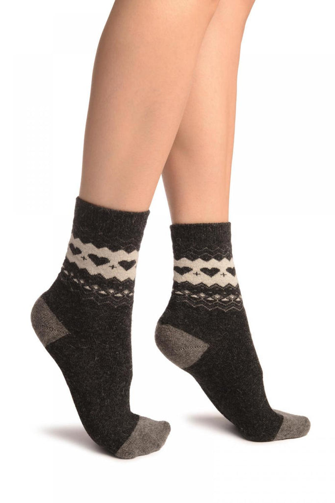 Liss Kiss Dark Grey With Hearts & Dark Grey Angora Ankle High Socks - Socks