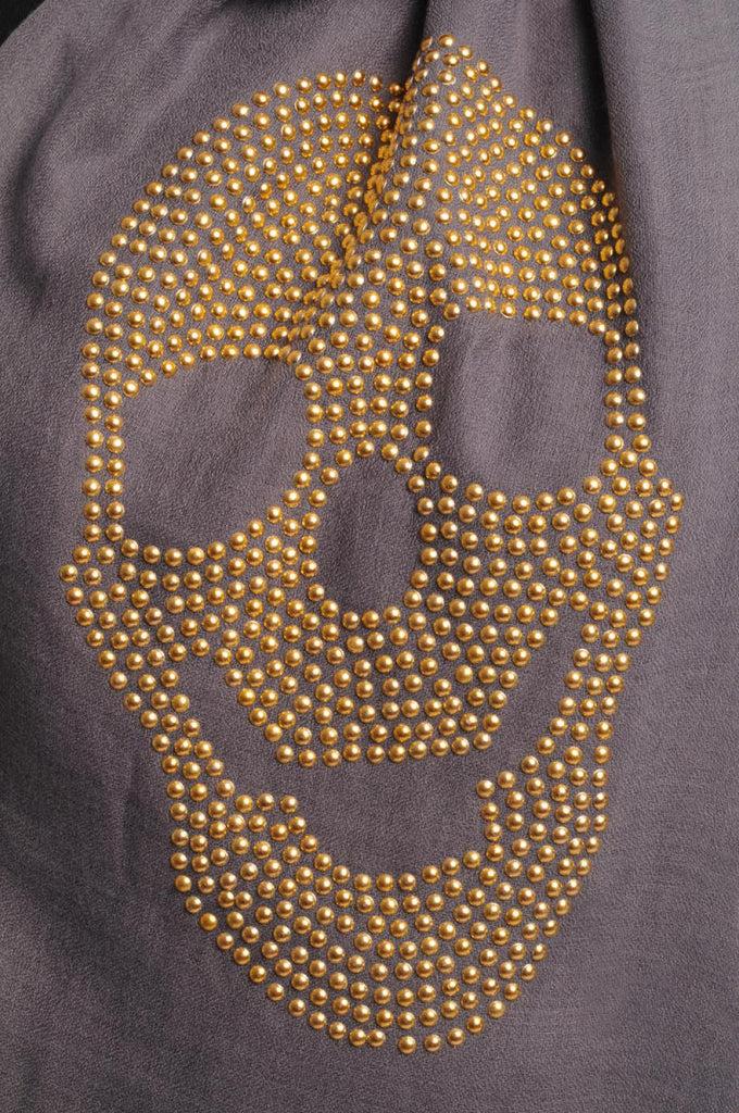 Liss Kiss Dark Grey With Large Gold Studded Skull Unisex Scarf & Beach Sarong - Scarf