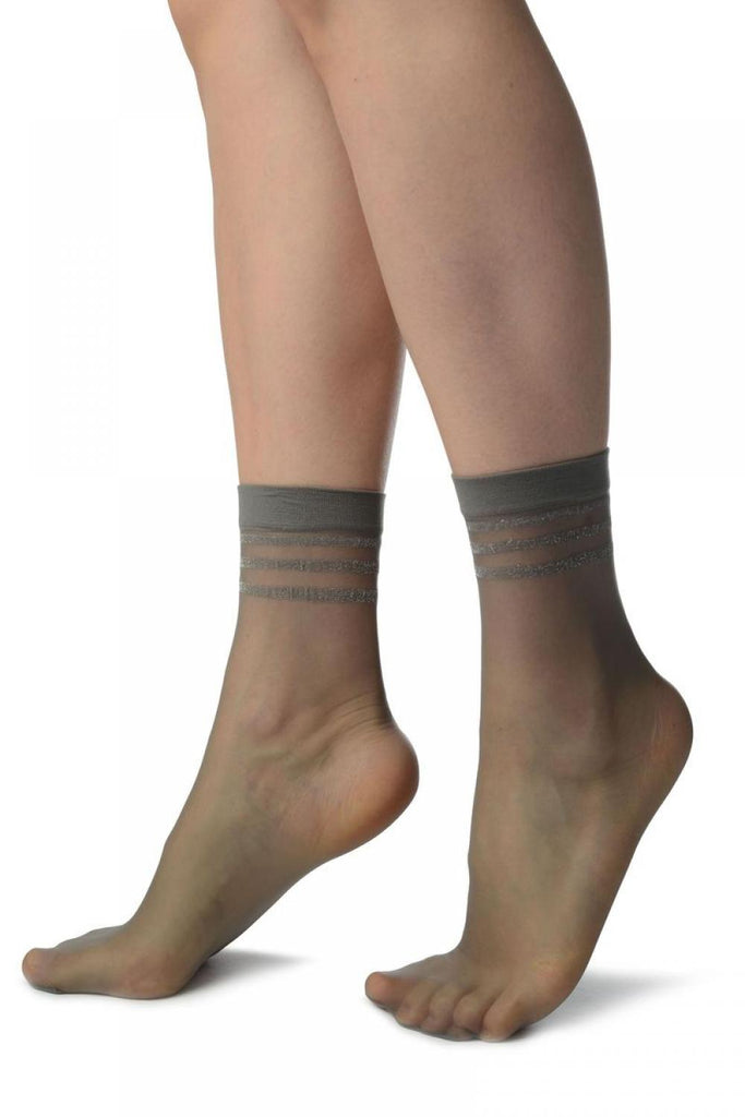 Liss Kiss Dark Grey With Lurex Striped Top Ankle High Socks - Socks