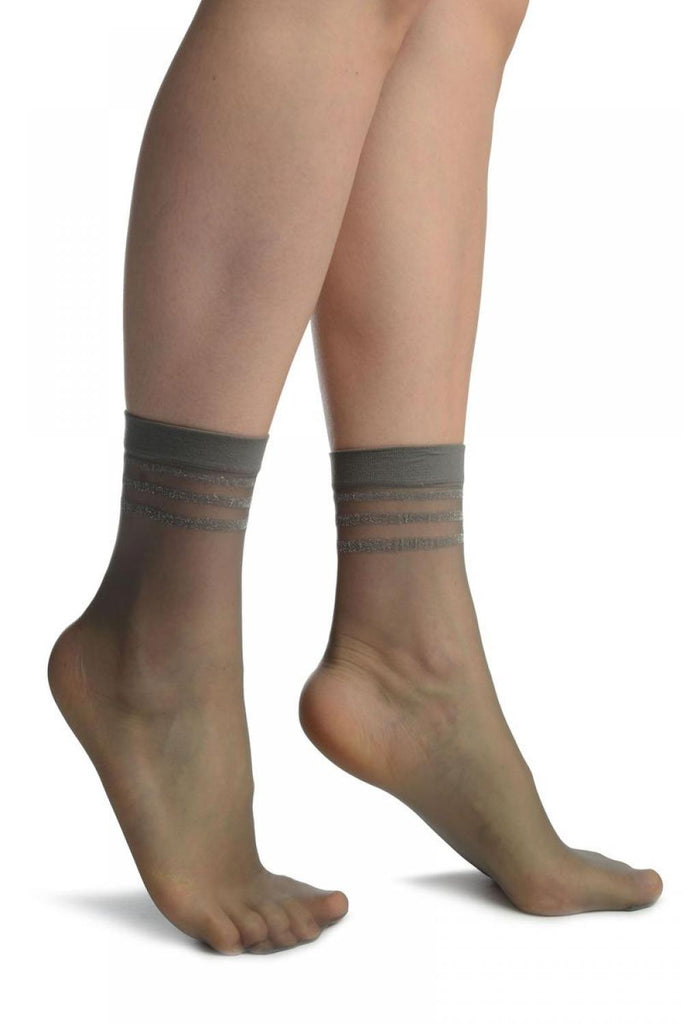 liss kiss Dark Grey With Lurex Striped Top Ankle High Socks - Socks