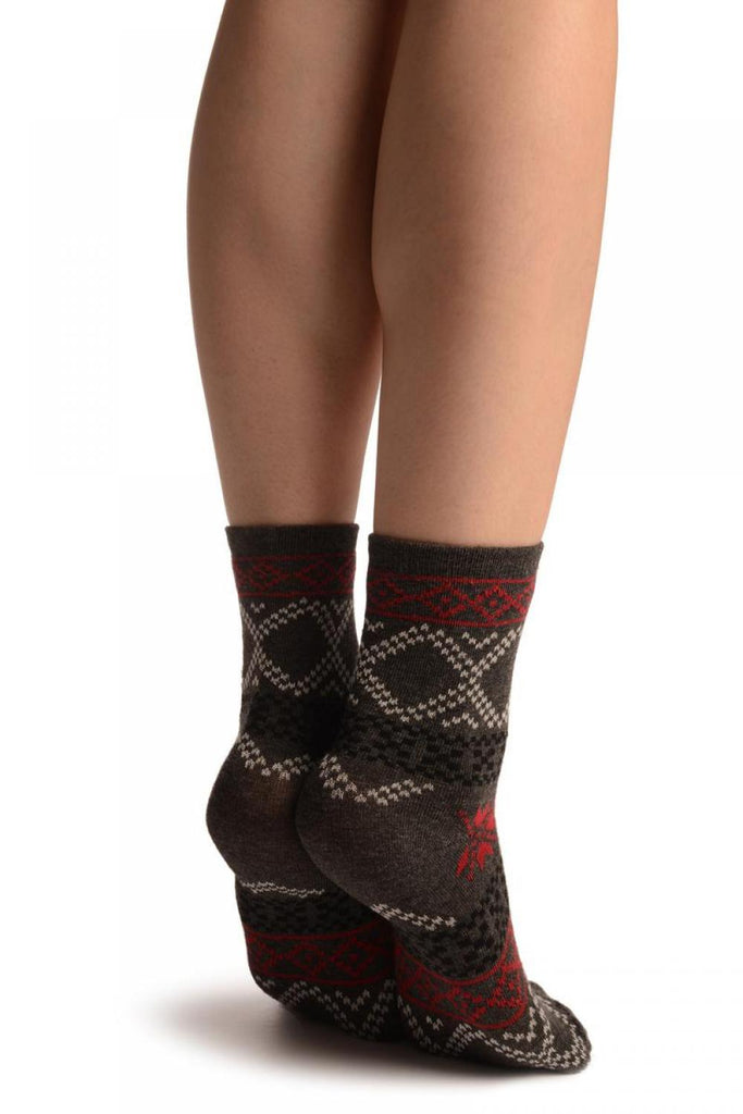 Liss Kiss Dark Grey With Nordic Pattern Ankle High Socks - Socks