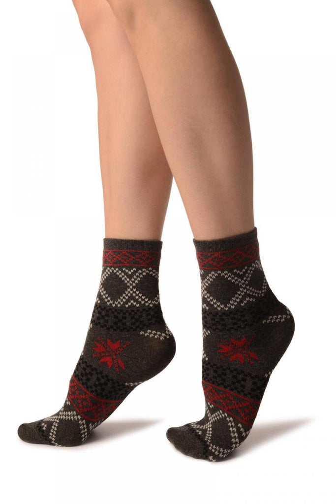 Liss Kiss Dark Grey With Nordic Pattern Ankle High Socks - Socks