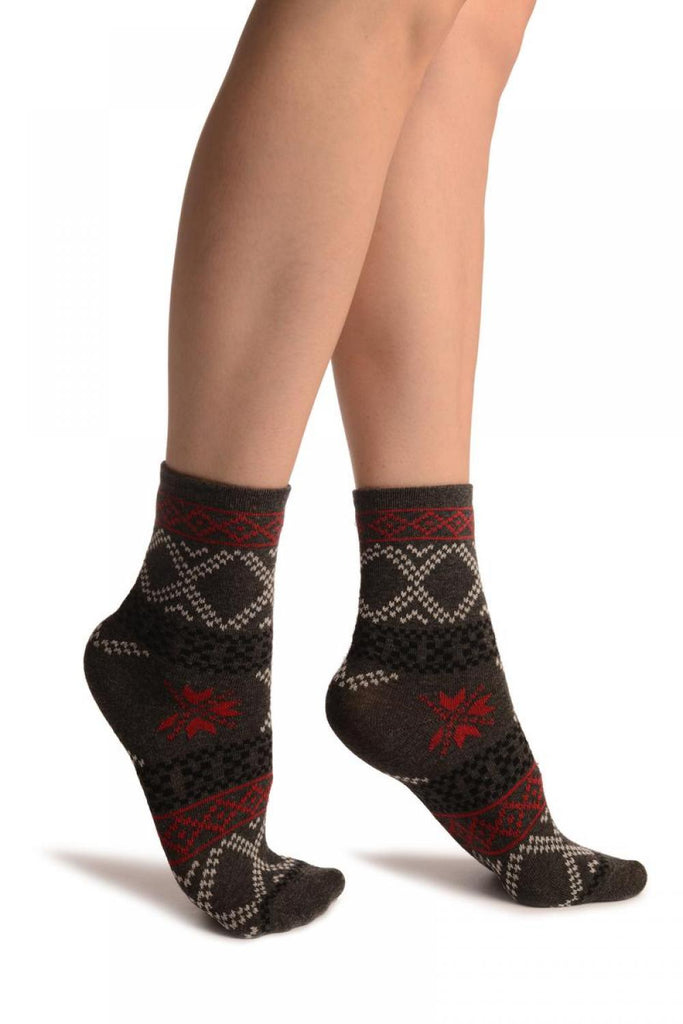 Liss Kiss Dark Grey With Nordic Pattern Ankle High Socks - Socks