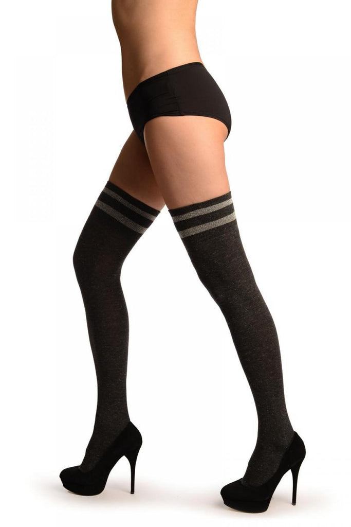 Liss Kiss Dark Grey With Silver Lurex & Stripes Over The Knee Socks - Over The Knee Socks