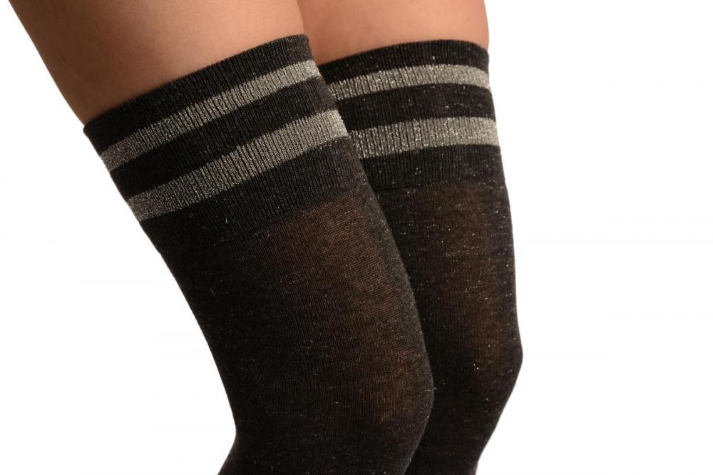 Liss Kiss Dark Grey With Silver Lurex & Stripes Over The Knee Socks - Over The Knee Socks