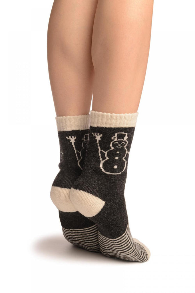 Liss Kiss Dark Grey With Thing Stripes & Snowman Angora Ankle High Socks - Socks