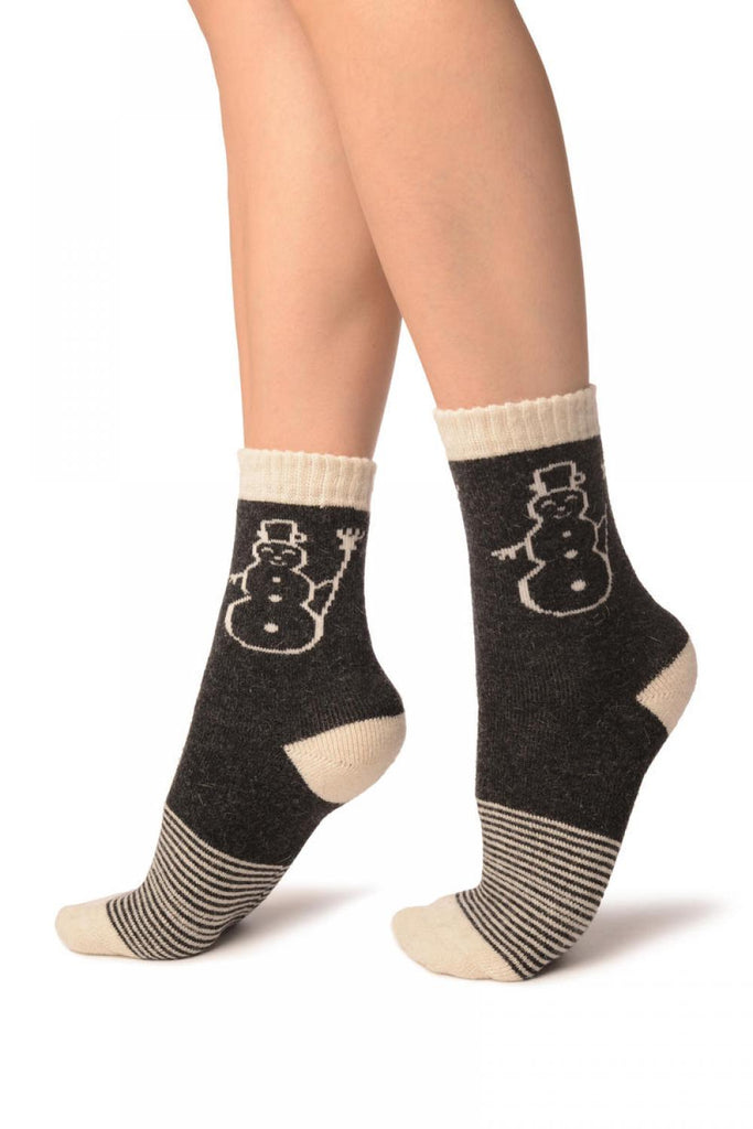 Liss Kiss Dark Grey With Thing Stripes & Snowman Angora Ankle High Socks - Socks