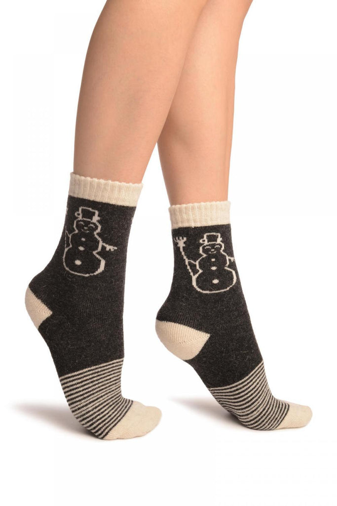 liss kiss Dark Grey With Thing Stripes & Snowman Angora Ankle High Socks - Socks