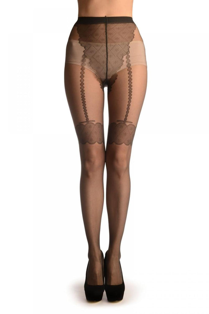 liss kiss Dark Grey With Tile Lace Top & Faux Pearl Suspenders - Tights