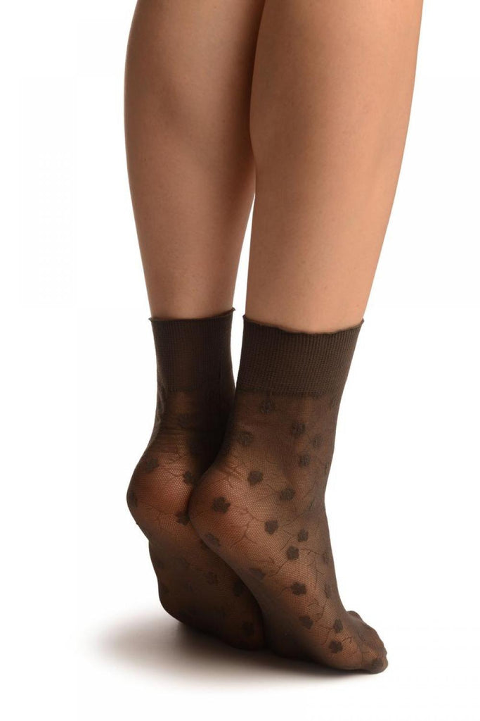 Liss Kiss Dark Grey With Violet Flowers On Mesh Ankle High Socks - Socks