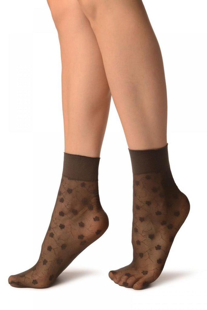 Liss Kiss Dark Grey With Violet Flowers On Mesh Ankle High Socks - Socks
