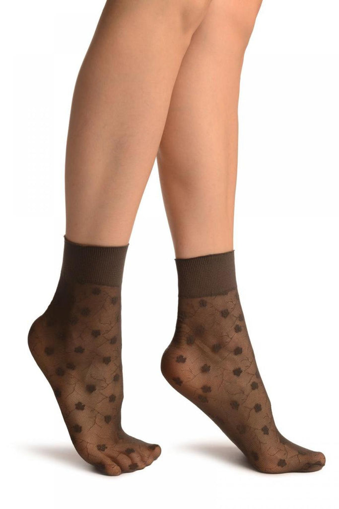 liss kiss Dark Grey With Violet Flowers On Mesh Ankle High Socks - Socks