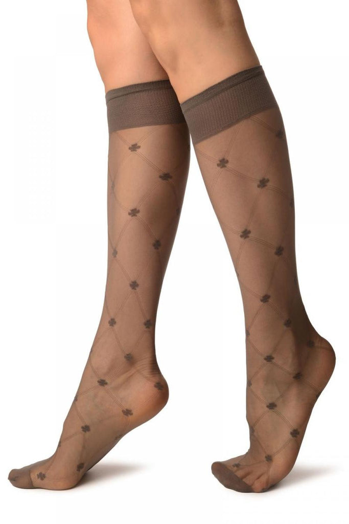 Liss Kiss Dark Grey With Woven Mesh & Clover Socks Knee High - Socks