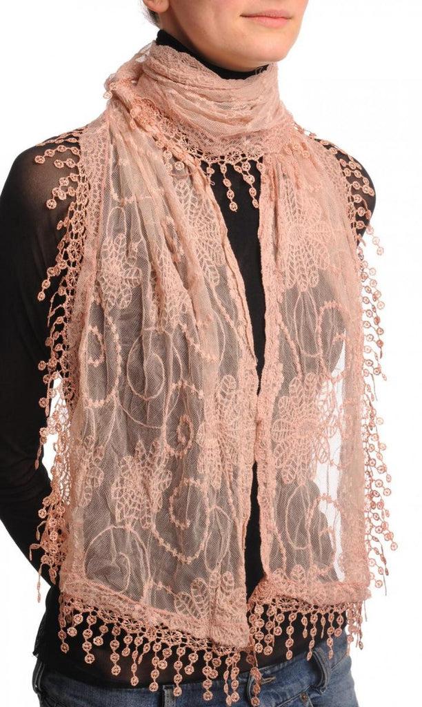 Liss Kiss Dark Peach Vintage Lace With Flowers - Scarf