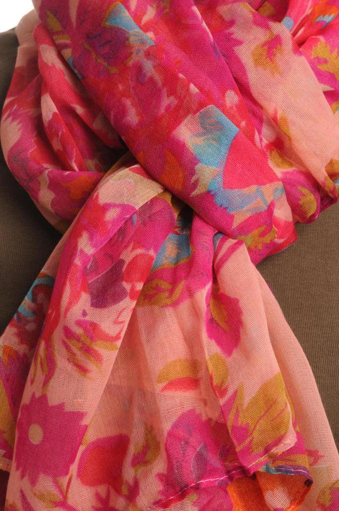 Liss Kiss Dark Pink & Blue Vintage Flowers On Pink Unisex Scarf & Beach Sarong - Scarf