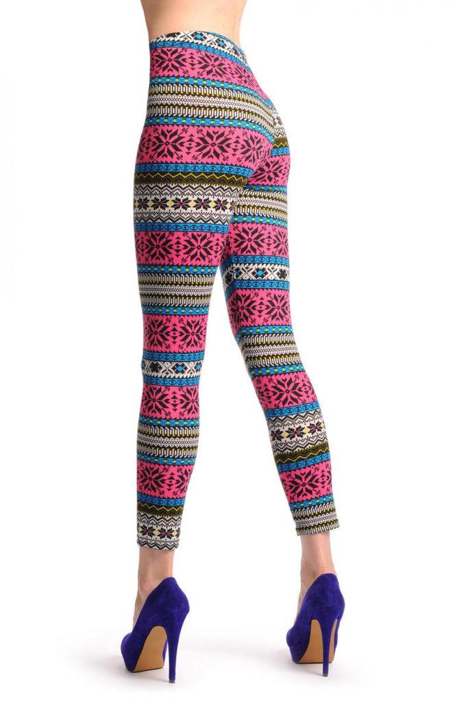 Liss Kiss Dark Pink Blue & Yellow Aztec Jacquard Knit Print - Leggings