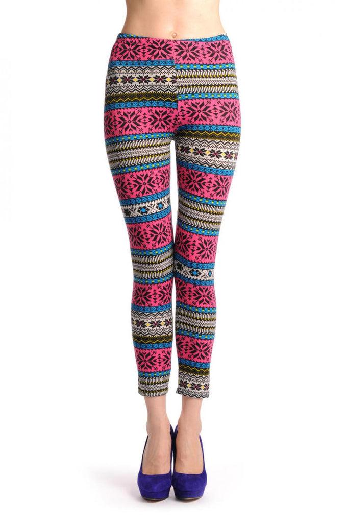 Liss Kiss Dark Pink Blue & Yellow Aztec Jacquard Knit Print - Leggings