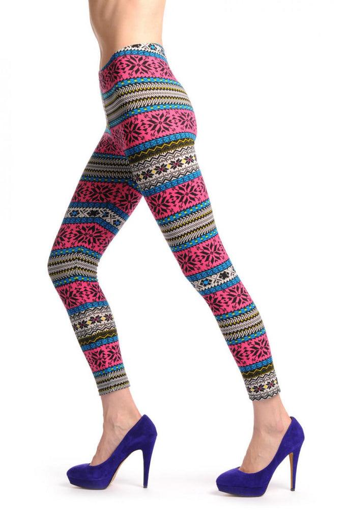 liss kiss Dark Pink Blue & Yellow Aztec Jacquard Knit Print - Leggings