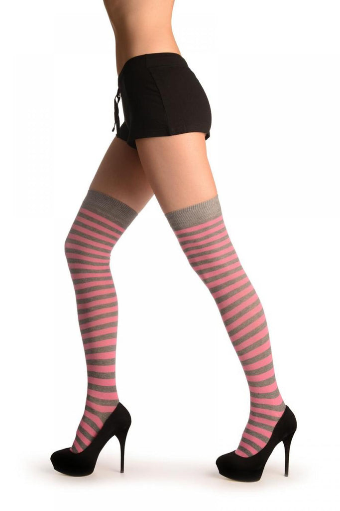 Liss Kiss Dark Pink & Dark Grey Stripes - Over The Knee Socks