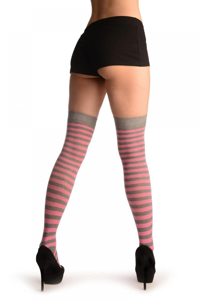 Liss Kiss Dark Pink & Dark Grey Stripes - Over The Knee Socks