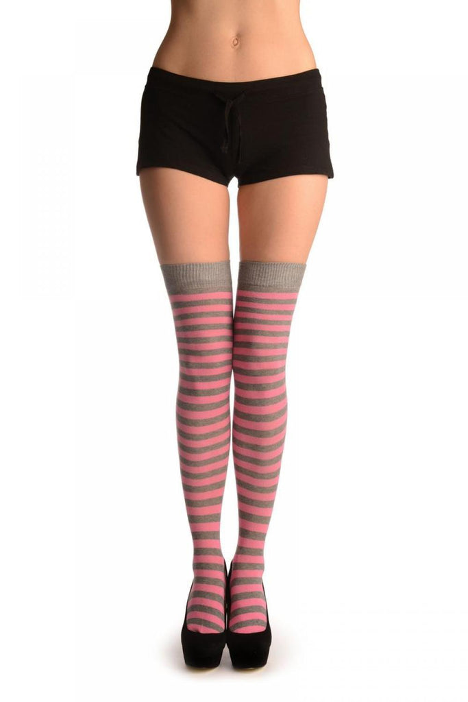 liss kiss Dark Pink & Dark Grey Stripes - Over The Knee Socks