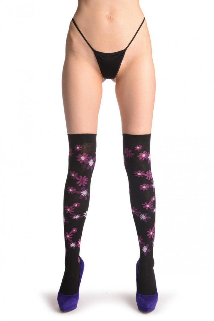 Liss Kiss Dark Pink & Perple Flowers On Black - Over The Knee Socks