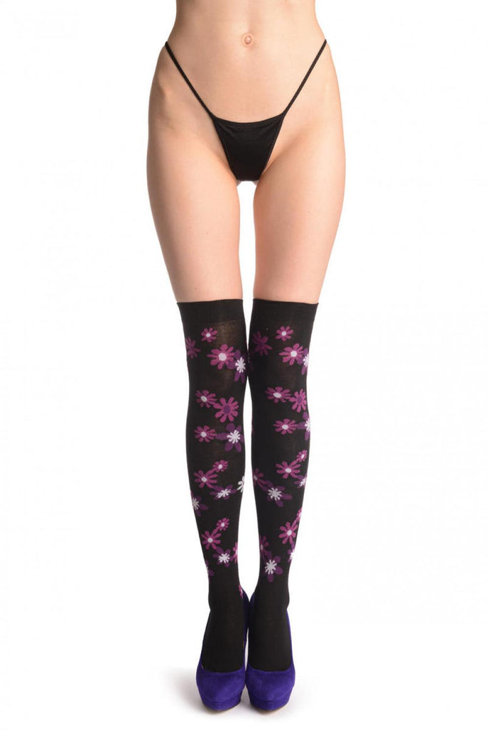 liss kiss Dark Pink & Perple Flowers On Black - Over The Knee Socks