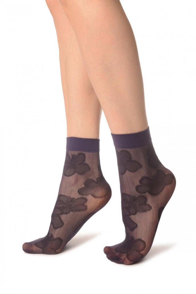 Liss Kiss Dark Purple Flower & Stripes Ankle High Socks - Socks