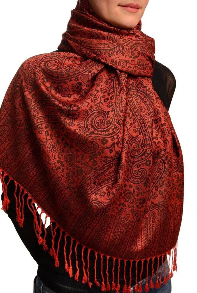 Liss Kiss Dark Red & Black Paisleys Pashmina Feel With Tassels - Scarf