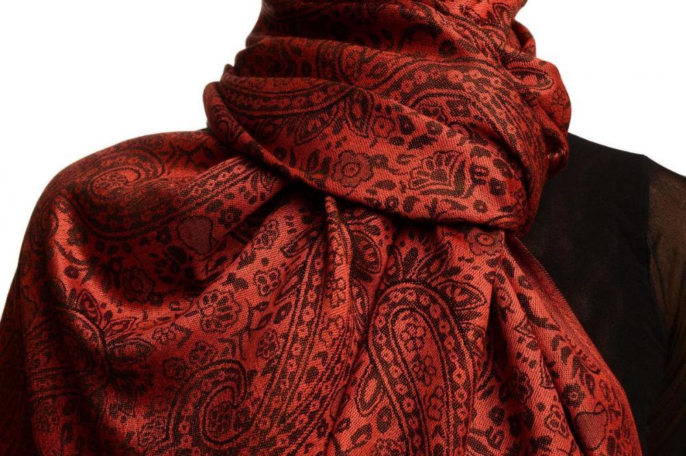 Liss Kiss Dark Red & Black Paisleys Pashmina Feel With Tassels - Scarf