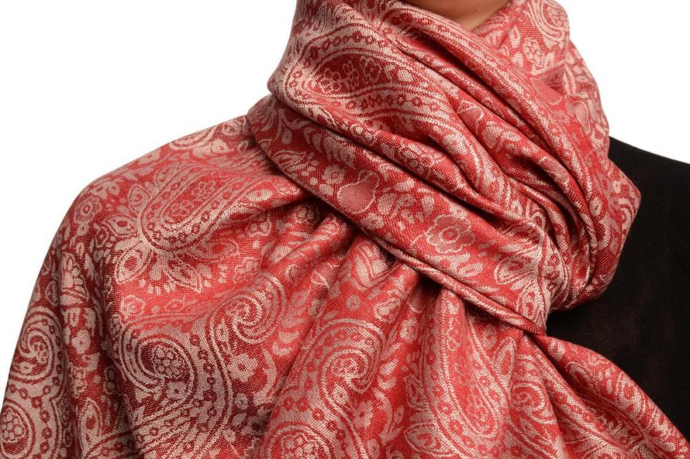 Liss Kiss Dark Red & White Paisleys Pashmina Feel With Tassels - Scarf