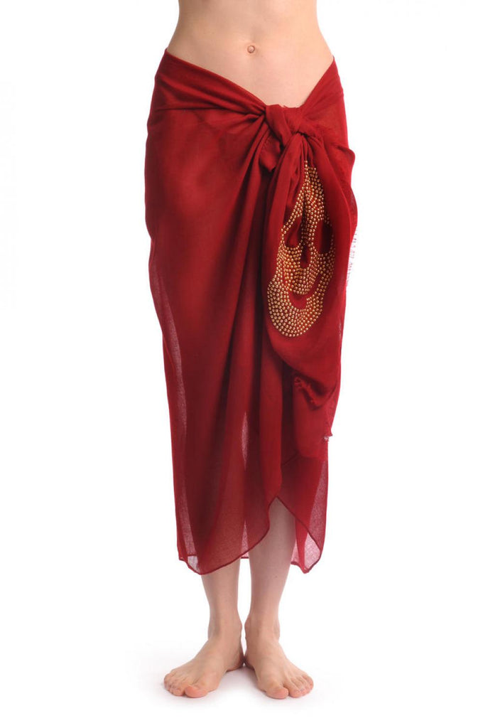 Liss Kiss Dark Red With Large Gold Studded Skull Unisex Scarf & Beach Sarong - Scarf