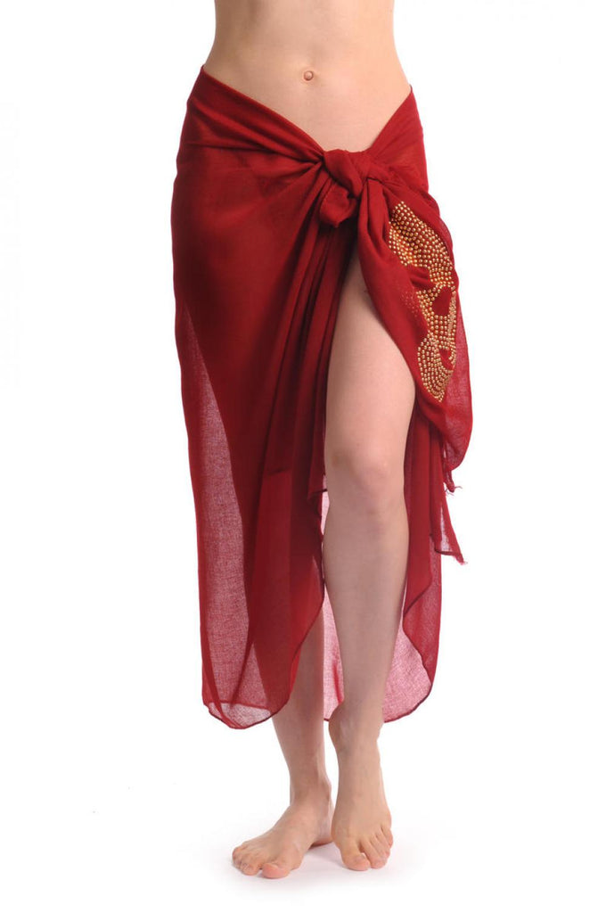 Liss Kiss Dark Red With Large Gold Studded Skull Unisex Scarf & Beach Sarong - Scarf