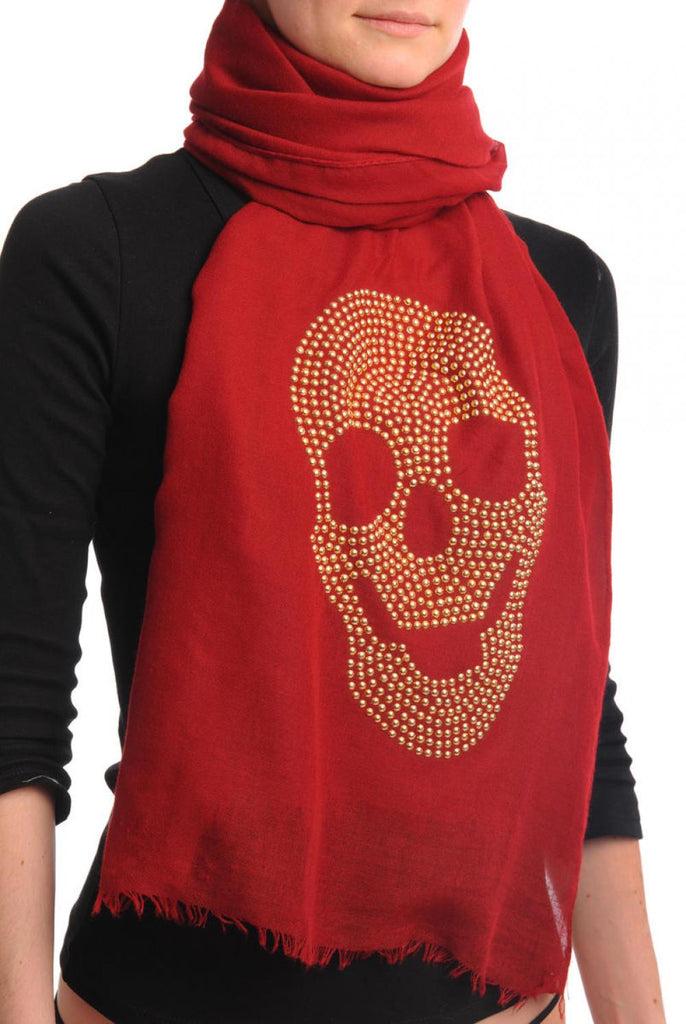 Liss Kiss Dark Red With Large Gold Studded Skull Unisex Scarf & Beach Sarong - Scarf