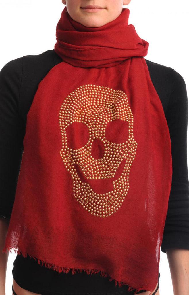 liss kiss Dark Red With Large Gold Studded Skull Unisex Scarf & Beach Sarong - Scarf